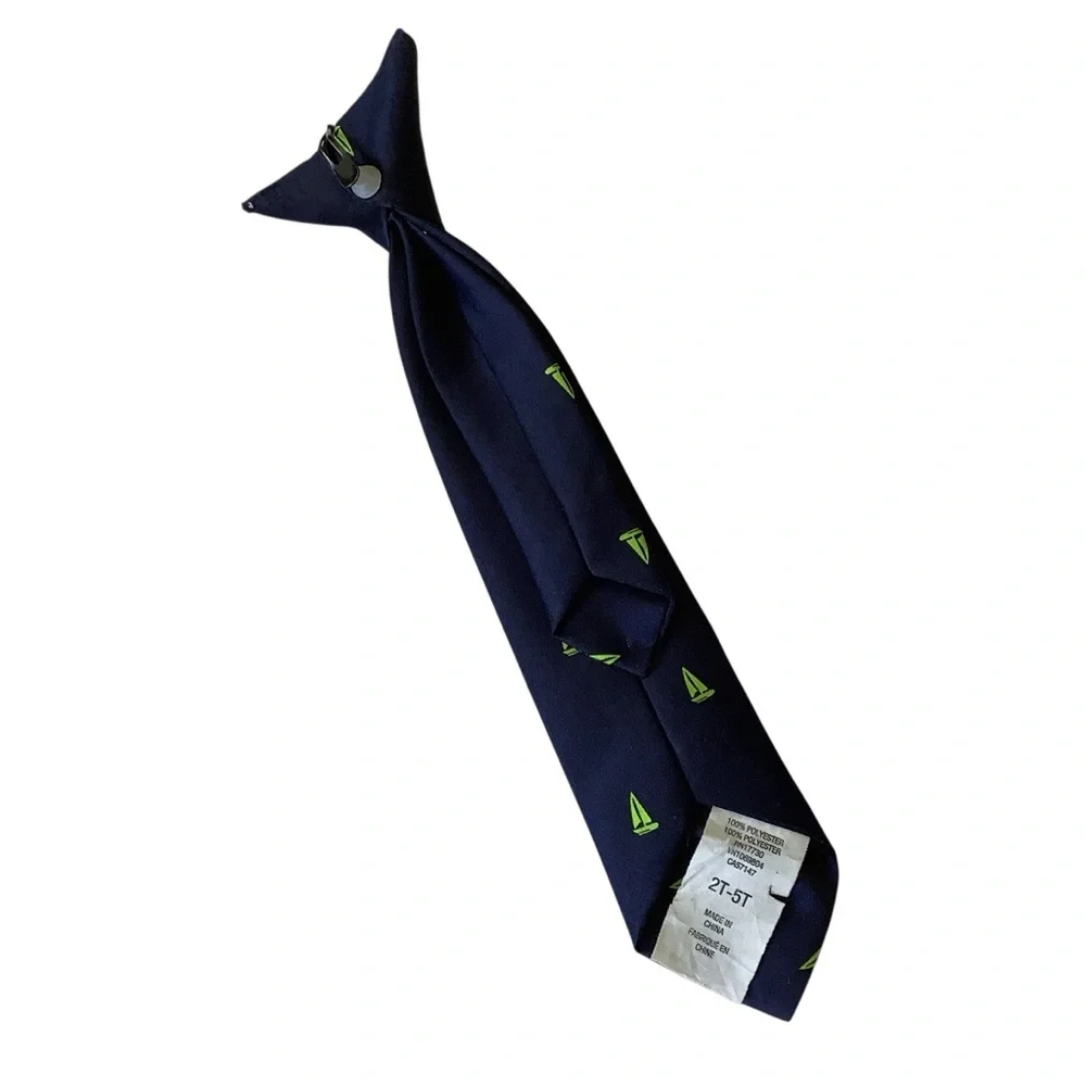 Navy Tie with Green Sailboat Pattern